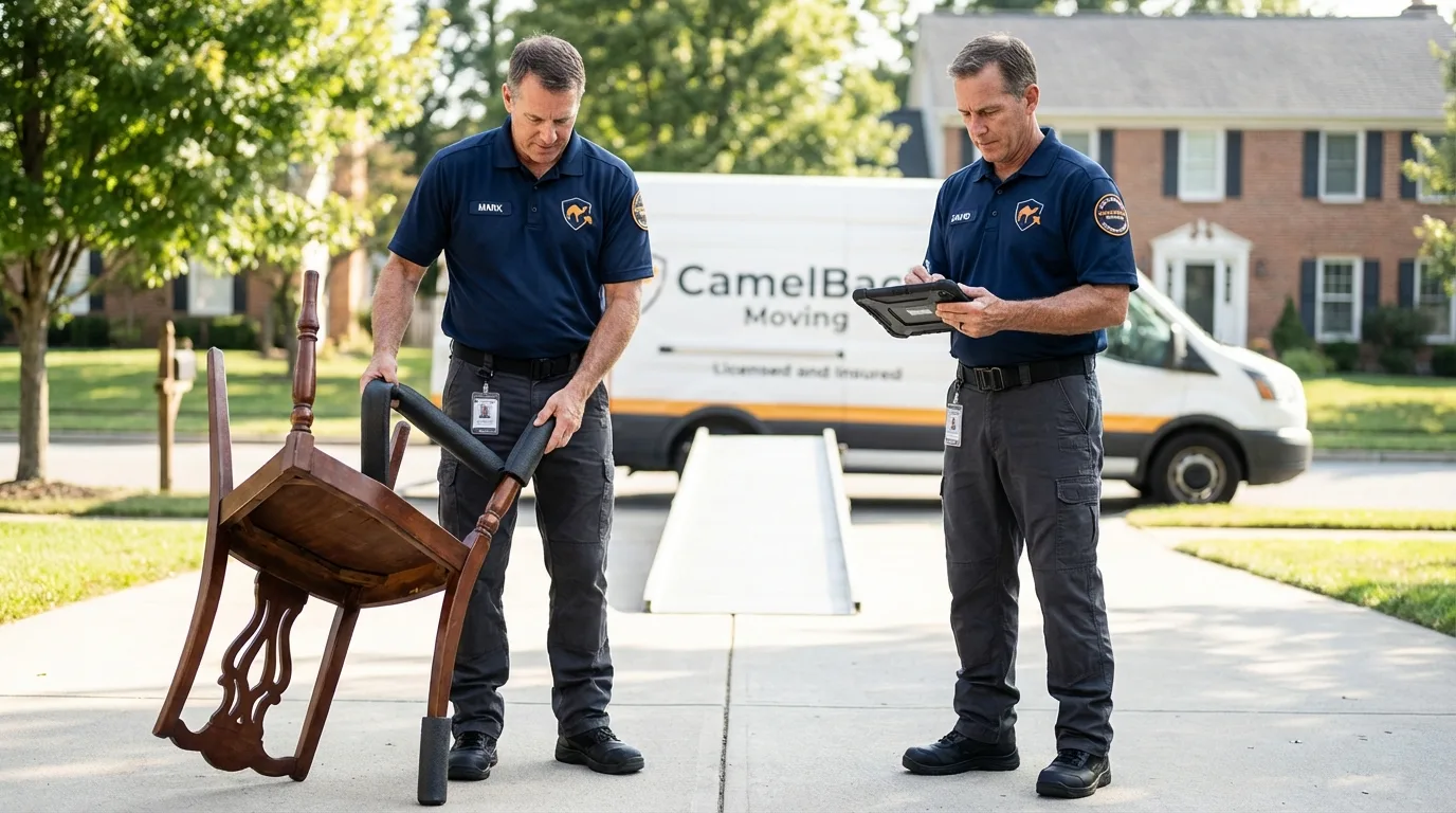Movers inspecting furniture for damage prevention before loading in Montgomery, PA